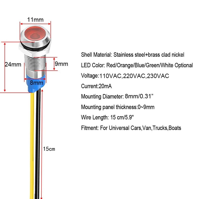Gebildet 5Pcs 8mm 1LED Metal Indicator Light 110V-220VAC Waterproof Signal