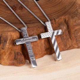 FUNPAR American Flag Cross Breathing Necklace, Stainless Steel Patriotic Jewelry, Inspirational Bible Verse Cross Necklace, Anxiety Relief Items for Men Christian Gift(Silver 1:9)