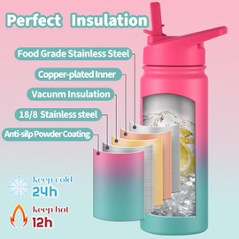 Mininoo Insulated Kids Water Bottle, 16oz Stainless Steel Water Bottle Kids with Paracord Handle for Girls, Boys（Punch/Green）