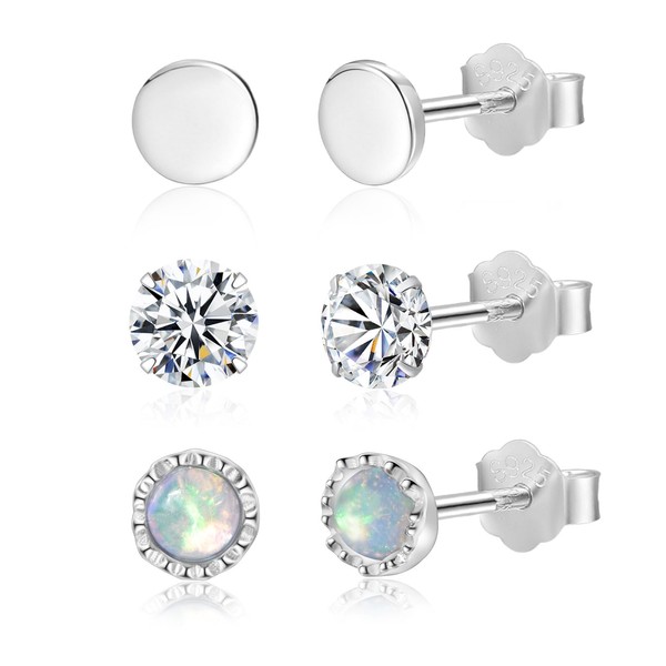 SILBERTALE 925 Sterling Silver 3mm Stud Earrings Opal Earrings Set