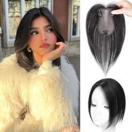 RUNRAYAY Real Human Hair Topper, 360 ° 3D-Abdeckung menschliches Haar Topper für Frauen mit dünner Haarausfall mit achtcharakterem Pony, schwarzer Stil 1