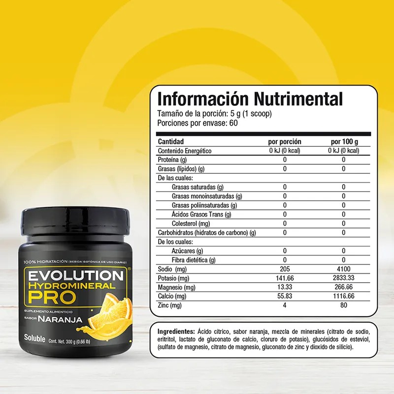 Evolution, Hydromineral Pro 300g, 5 Electrolitos Naranja