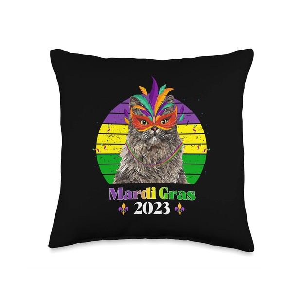Funny Party Cat Mask Beads Mardi Gras 2023 Throw Pillow