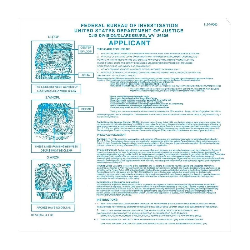 Crime Scene 50 ATF FD-258 Fingerprint Cards Applicant ATF Form
