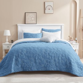 SHALALA NEW YORK Blue Quilt Bedding Set Twin Size, Lightweight Summer Quilt Bed Set with Pillow Shams, Reversible Stitching Celestial Bedspread Coverlet for All Season