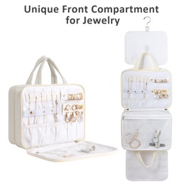 HBlife Travel Toiletry Bag with Jewelry Organizer for Women, Puffy Hanging Travel Bag for Toiletries with Trolley Belt, Waterproof Makeup Cosmetic Bag, Travel Accessories Essentials(Beige, M)