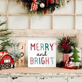 Mtrgdn Christmas Decor, Pastel Christmas Decor, Merry and Bright Christmas Wooden Box Sign Decor, Christmas Xmas Holiday Gift, Merry Christmas Rustic Art Home Shelf Desk Decor 5x5