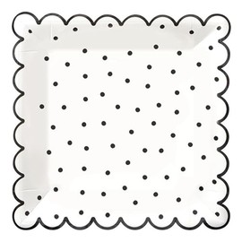 Santa Barbara Design Studio Disposable Plate 8-Count Pack Scallop Edged Square Paper Plates, 9-Inch, Black Polka Dots