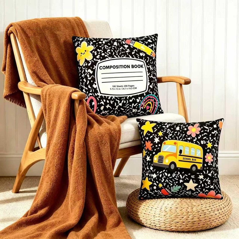 2Pcs Back to School Pillow Covers 18" x 18" School-Bus