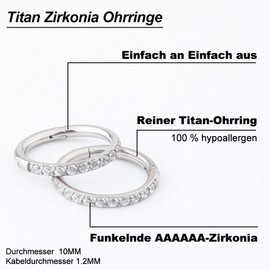 HAQI Titanium Women's Earrings Nose Ring - Delicate Small Hoop Earrings with Shiny Zircon Stone - Jewellery Gifts Silver for Sensitive Ears 10 mm, 10 mm, Titanium