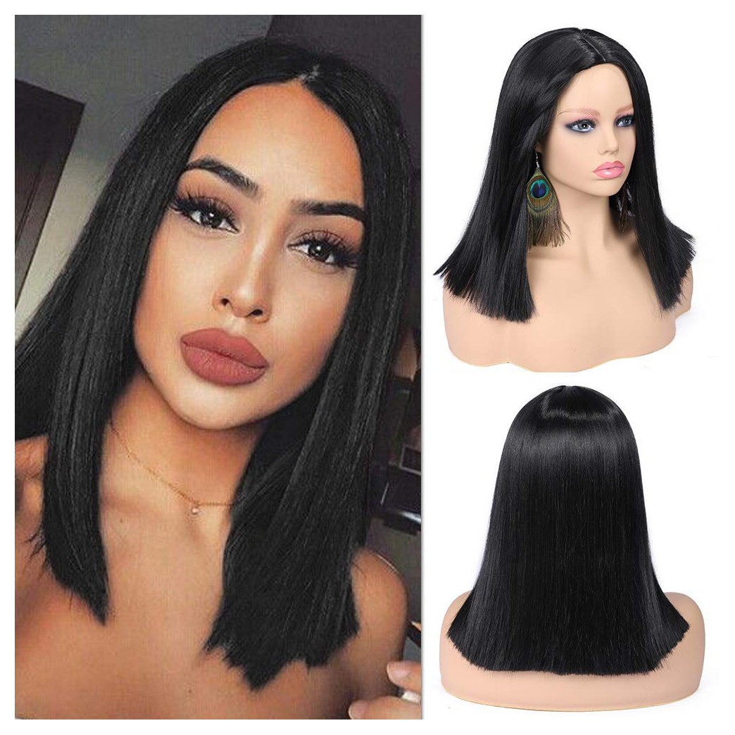 Quick Wig Short Straight Wig Bob Wigs Natural Black Synthetic Wigs Shoulder Length Brazilian Virgin Wigs for Women 14 inches