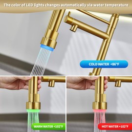 TRYSEA Modern Kitchen Faucet with Pull Down Sprayer,Stainless Steel Spring Sink Faucets Dual Spouts with LED Light,Brushed Gold Kitchen Sink Faucet with Pot Filler