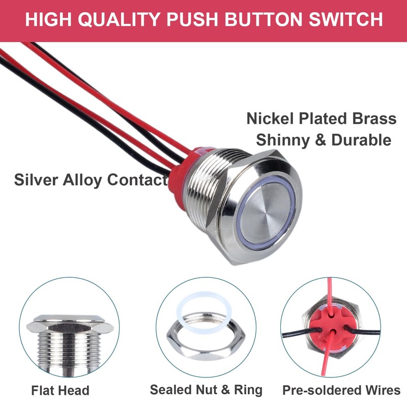 DMWD 2Pcs 19mm Metal Latching Push Button Switch Waterproof 7Amp