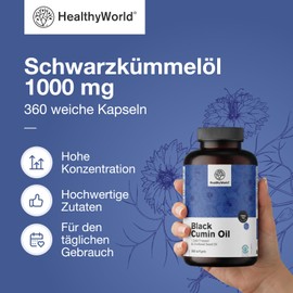 HealthyWorld Black Cumin Oil 1000 mg - 360 Soft Capsules - Made from Black Cumin Seeds - High Content - Supply for Almost One Year