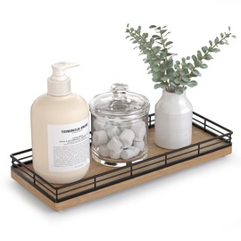 Bathroom Tray for Counter Top Organizer – Acacia Wood Vanity Tray with Metal Frame for Dresser, Kitchen, Nightstand – Black & Acacia Decorative Storage