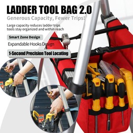KVI, Extension Ladder Tool Tray Bag 2.0, Smart Zones & Functions for Scissor or Step Ladders Accessory, Red