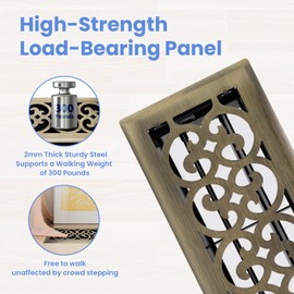 Howeall 4x10 Inches 6 Pack Heavy Duty Walkable Floor Register - Easy Adjust Air Supply Lever Decorative Floor Vent Covers, Charlotte Design Vent Covers for Home - Antique Brass
