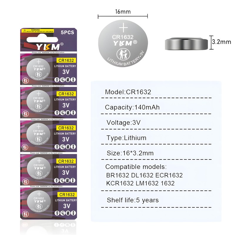 YKM CR1632 Lithium Battery 3V CR1632 Battery for Car Key