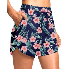 G Gradual - Pantalones cortos de baño para mujer, de talle alto, de 4 pulgadas, de secado rápido, para mujer, con forro de bolsillos, Flor azul marino , Large