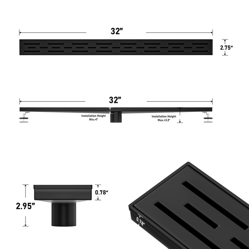 Bochni Linear Shower Drain 32" Matte Black 304 Stainless Steel
