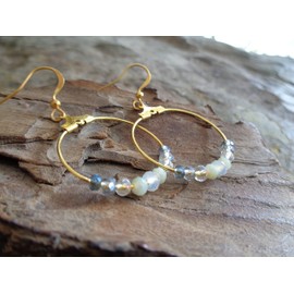 ◦•●◉ஐ GOLDENE KRISTALL CREOLEN IN BLAU GRAU ஐ◉●•◦ goldfarbene Ohrringe