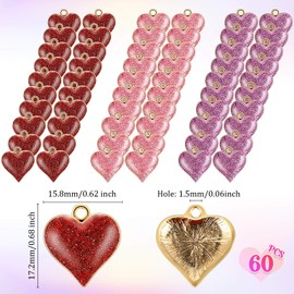 60 Pieces Heart Charms Alloy Charms for Jewelry Making Glitter Mini Heart Pendants for DIY Mother's Day Valentine's Day Earring Bracelet Necklace Charms (Red, Pink, Rose Red)
