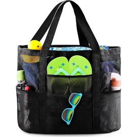 Bolsa de Playa de Malla Grande Plegable para Mujer, Bolso de Hombro con 9 Bolsillos y Compartimento con Cremallera, Adecuado para Viajes/Vacaciones, Playa, Picnic, Compras, Camping