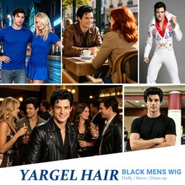 Yargel Hair Black Men Costume Wig for 50s Retro Super Funny Man Wigs for Daily Halloween Cosplay Party Use