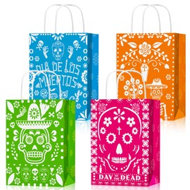 HOWAF 12pcs Day of The Dead Gift Bags with Handle, Dia De Los Muertos Goodie Bags for Mexican Party Supplies Ofrendas Alter Decor, Sugar Skull Themed Candy Bag Papel Picado Pattern Treat Bag