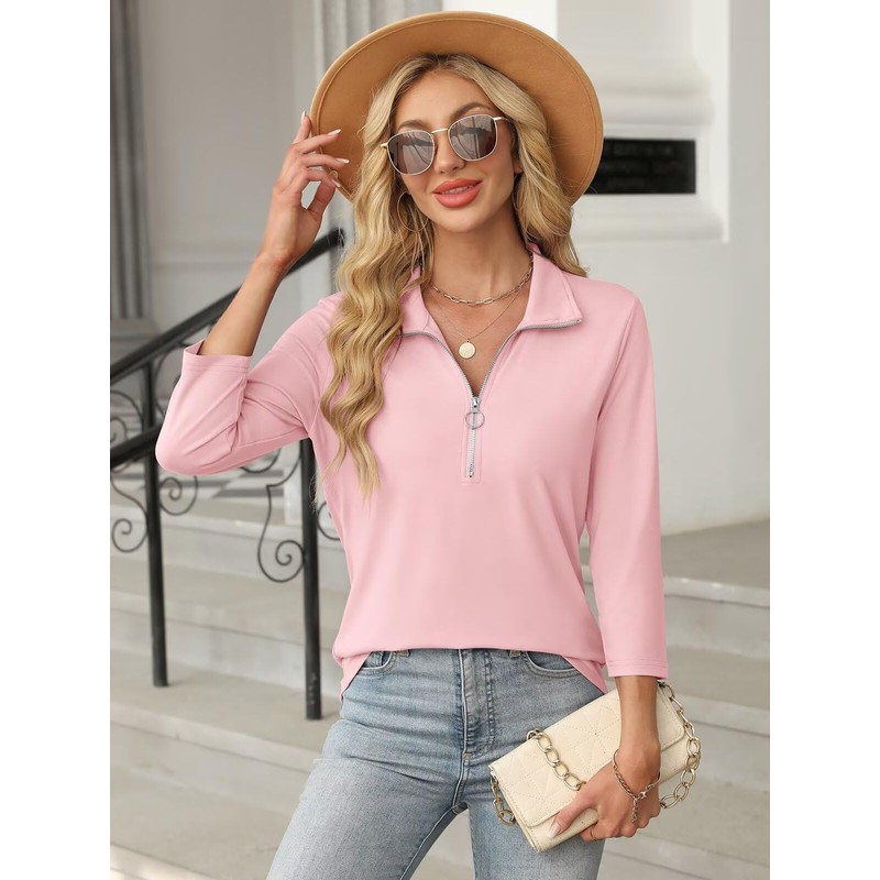 TICTICMISS Women's 3/4 Length Sleeve Tops Collared V Neck T