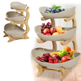 3 Layer Multi-Layer Ceramic Fruit Plate with Bamboo Frame, Storage Rack for Fruits, Vegetables & Sushi (Earth Color)