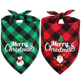 Vivifying Christmas Dog Bandanas, 2 Pack X-Large Classic Plaid Triangle Dog Scarf with Santa and Snowman Print, Holiday Dog Christmas Costume for Medium and Large Dogs (Green&Red)