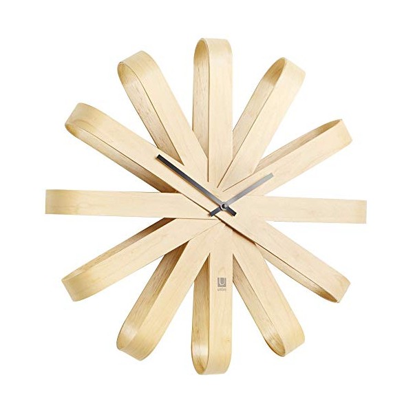 Umbra Ribbonwood Large Modern Wall Clock, Battery Operated, Silent, Non Ticking, Unique, 20" Diameter x 4” Width x 20" Height, Natural