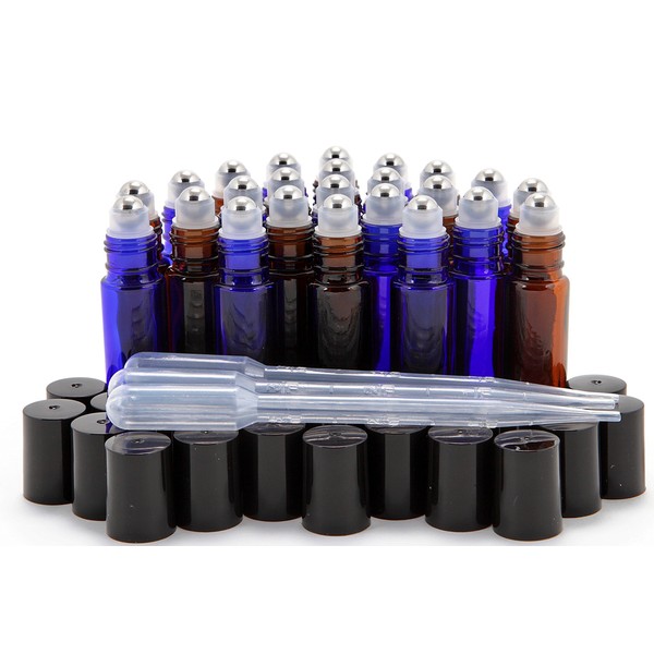 Vivaplex, 24, Amber & Cobalt Blue, 10 ml Glass Roll-on Bottles with Stainless Steel Roller Balls. 3-3 ml Droppers included