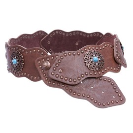 Women's 3" (75mm) Wide Boho Link Turquoise Silver Studded Leather Belt, Brown | s/m 31"~34"