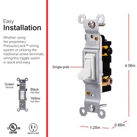 GE Grounding Toggle Switch, Single Pole, In Wall On/Off Fan & Light Switch Replacement, 15 Amp, Great for Home, Office & Kitchen, UL Listed, White, 54161
