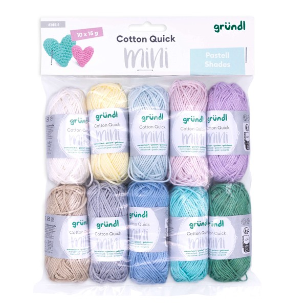 Gründl Wool Cotton Quick Mini Shades of Pastel Knitting and Crochet Set 10 x 15 g, 100% Cotton, 15 g / 37 m, Pastel Colours