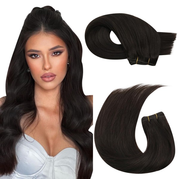 Moresoo Remy Real Hair Wefts, Brown Hair Extensions, Hair Wefts, Real Hair Wefts for Sewing In, Darkest Brown, Human Hair Extensions, No. 2, 100 g, 45 cm