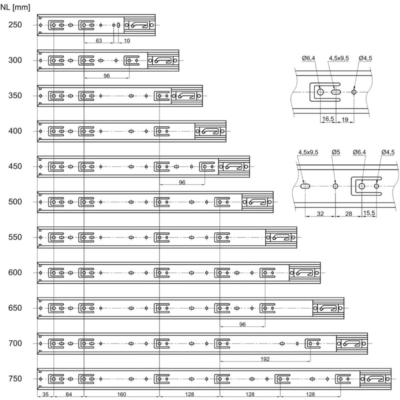 Sotech KV2-45-H45-L300-SE Full Extension Slides 300 mm Self-Closing, 1 Pair