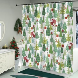 Petrala Christmas Tree Shower Curtain Santa Deer Holiday Shower Curtains for Bathroom, Vintage Red and Green Merry Christmas Fabric Cloth Bath Decor Set with 12 Hooks, 72x72 inch