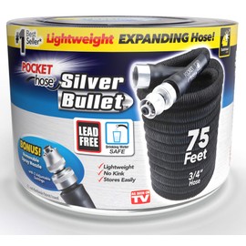 Pocket Hose Silver Bullet 75 ft Turbo Shot Nozzle Multiple Spray Patterns Expandable Garden Hose 3/4 in Solid Aluminum Fittings Lead-Free Lightweight and No-Kink | BulbHead