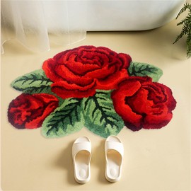 ABREEZE Red Rose Rug Floor Rug Red Floral Mats Non-Slip Modern Carpet Washable Bath Rug (3 Roses Leafy, Red)