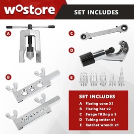 Kit de herramientas de acampanado y prensado único de Wostore – Acampanado de 45° para HVAC, líneas de freno y tubos de cobre de refrigeración | Juego de 11 piezas con cortador de tubos, llave de