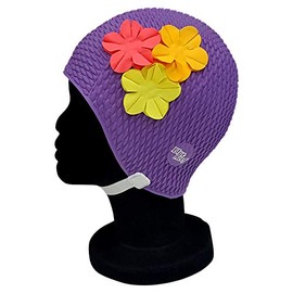 Blue Reef Rome Bubble Single Colour Floral Ladies Classic Retro 3 Flower Bunch 3D Petal 3 Tropical Colours Stylish Vintage Swimming Hat Swim Cap One Size Adults With Adjustable Strap (Purple)