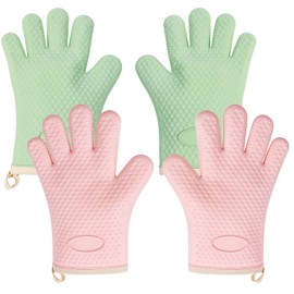 2 Pack Silicone Oven Mitts Oven Gloves with Fingers Heat Resistant Waterproof Non-Slip Cotton Lined Silicone Oven Gloves Kitchen Mitts for Baking Cooking BBQ (Pink + Green)