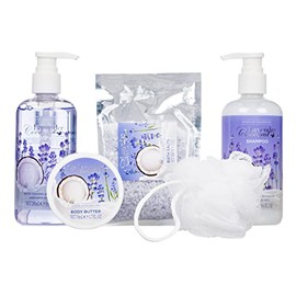 Scents of Collinwood - 5 Piece Women’s Attractive Lavender Coconut Scent Bath Box Set - Includes Shower Gel, Shampoo, Body Butter, Bath Salts and a Bath Puff, Purple
