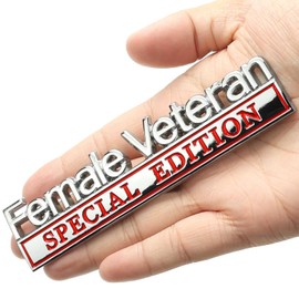 PQPQP Female Veteran Edition Car Emblem with 2 Adhesives, 3D Badge Decal for Trucks, Metal Stickers Replacement Compatible with Universal Vehicle, Army Veteran Gifts for Women (Silver & Red)