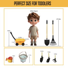 CHEERBANK Kids Gardening Tools Set, 8 Pieces, Wagon with Beach and Garden Tools, Shovel, Rake, Outdoor Toys for Kids 3-4 Years Old