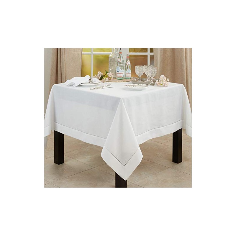 SARO LIFESTYLE Hemstitched Border Tablecloth, White, 72"x72"