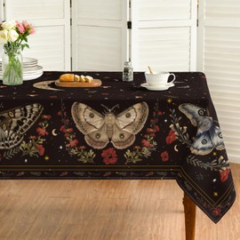 Horaldaily Butterflies Stars Moon Tablecloth 52×70 Inch Rectangular, Black Gothic Vintage Style Washable Table Cover for Party Dinner Patio Garden Picnic